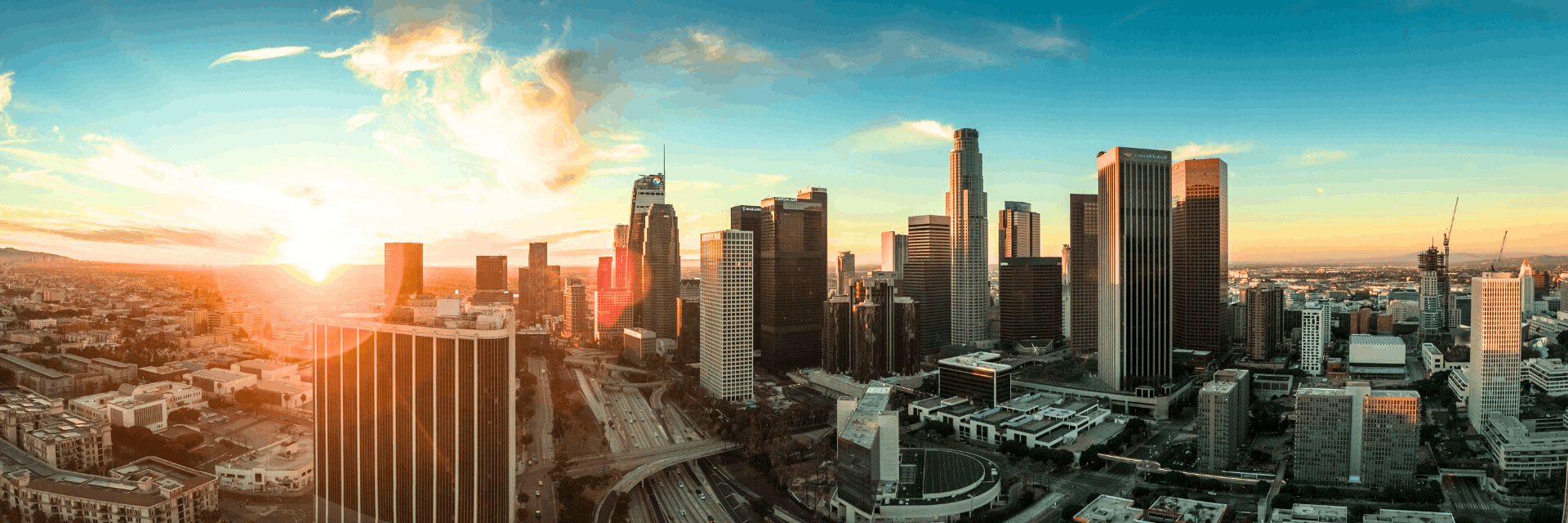 Sunrise over Downtown Los Angeles high rises.