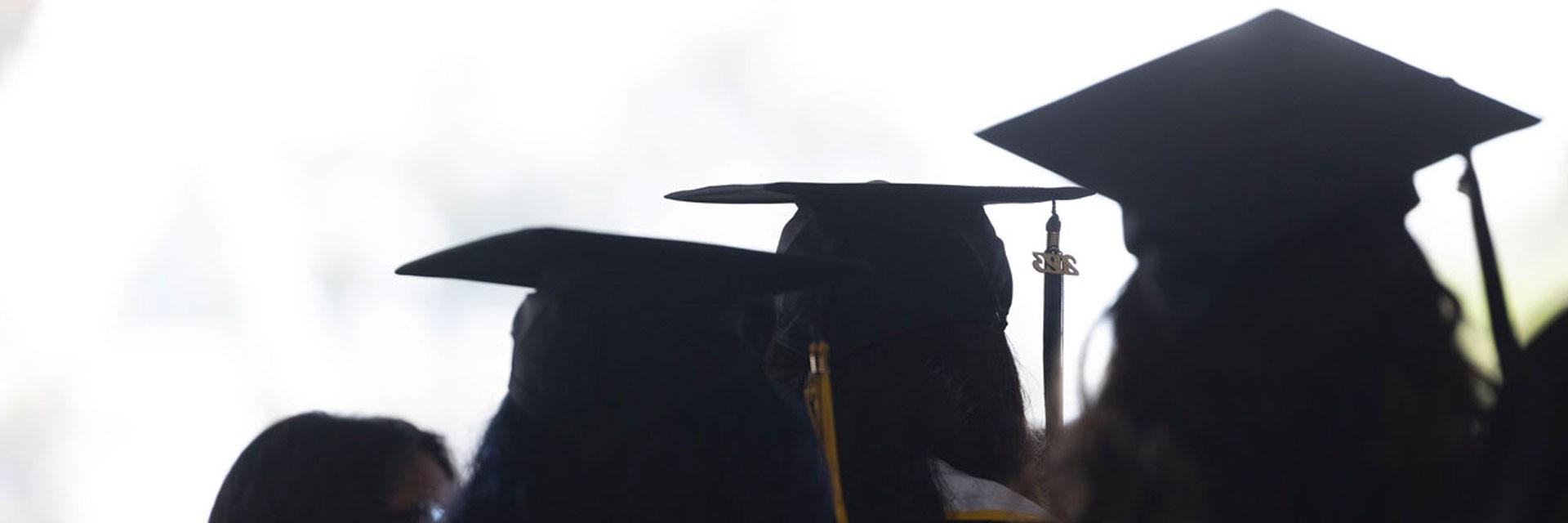 Graduates walking in a row.